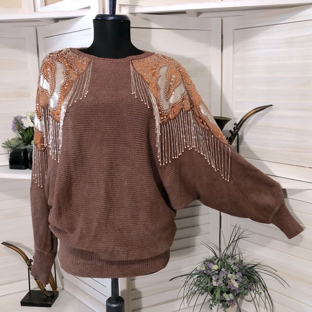 Vintage 80s 90s dolman sleeves beaded chocolate brown cotton tunic sweater sz L - Picture 2 of 9